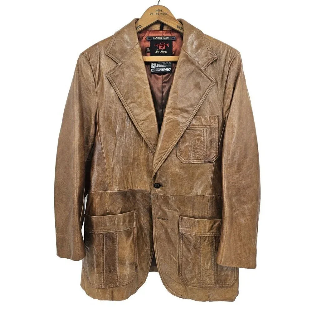 Vintage De Long Glazed Lamb Jacket Mens 40 Brown Lambskin Blazer
